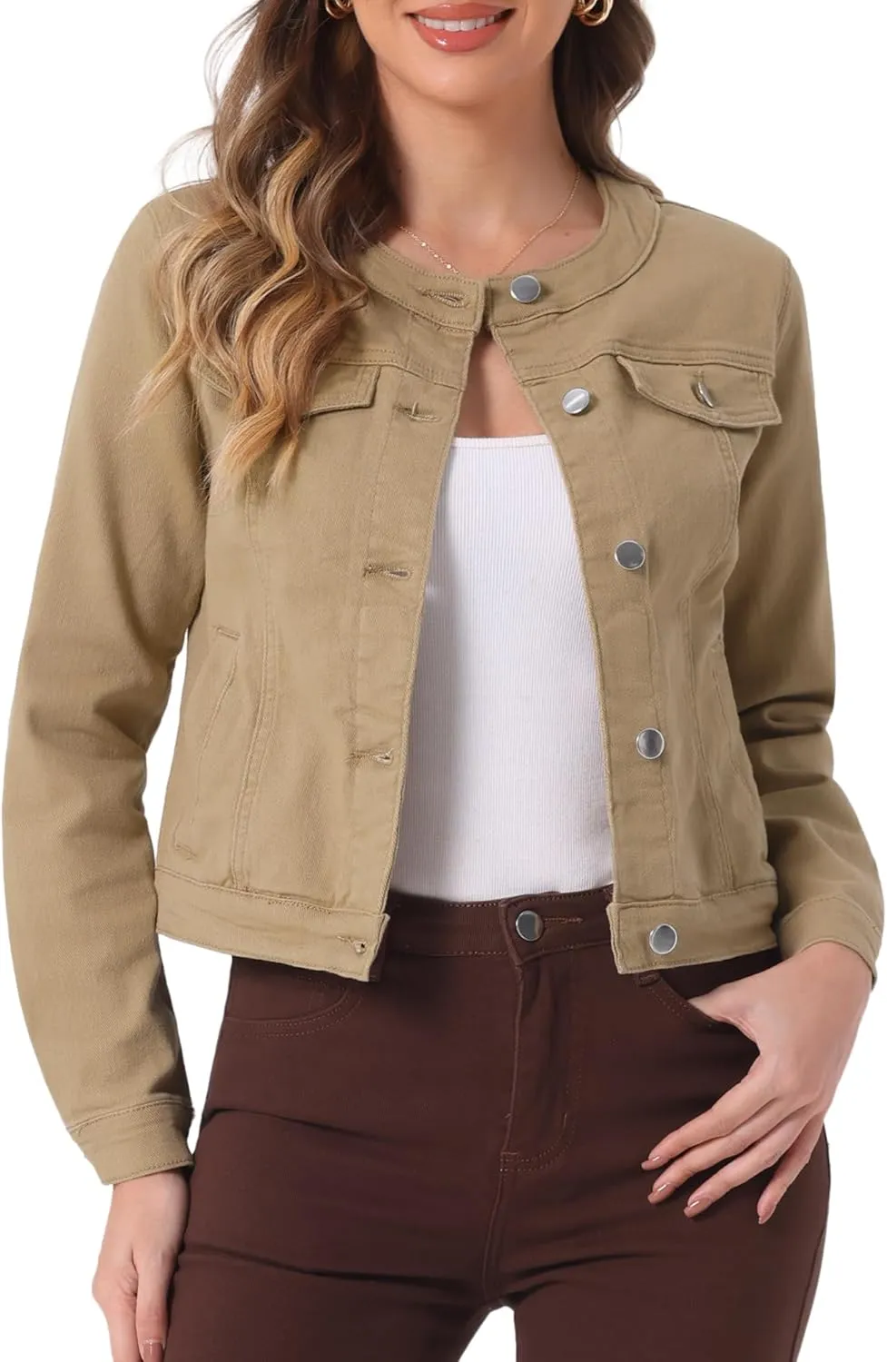 Allegra K Women's Denim Jacket Button Down Collarless Long Sleeve Jean Jackets
