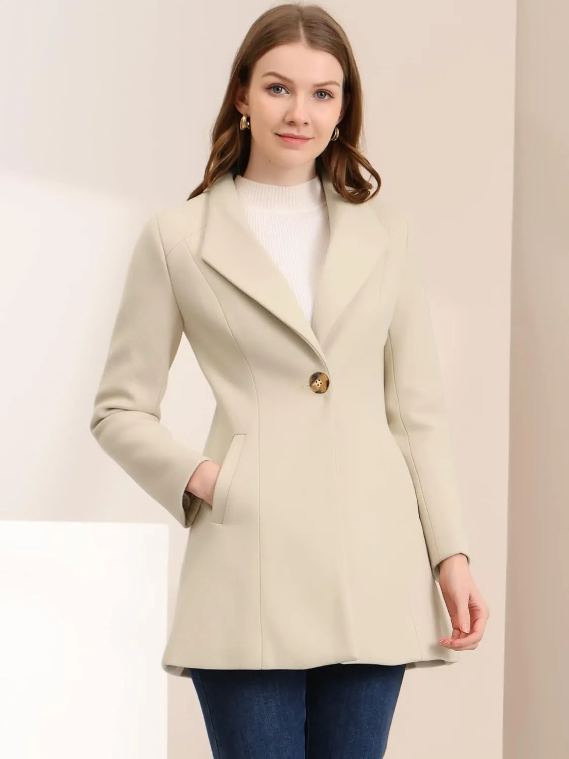 Allegra K Women's Lapel Collar Buttoned Outwear Elegant Work Notch Trench Winter Coats