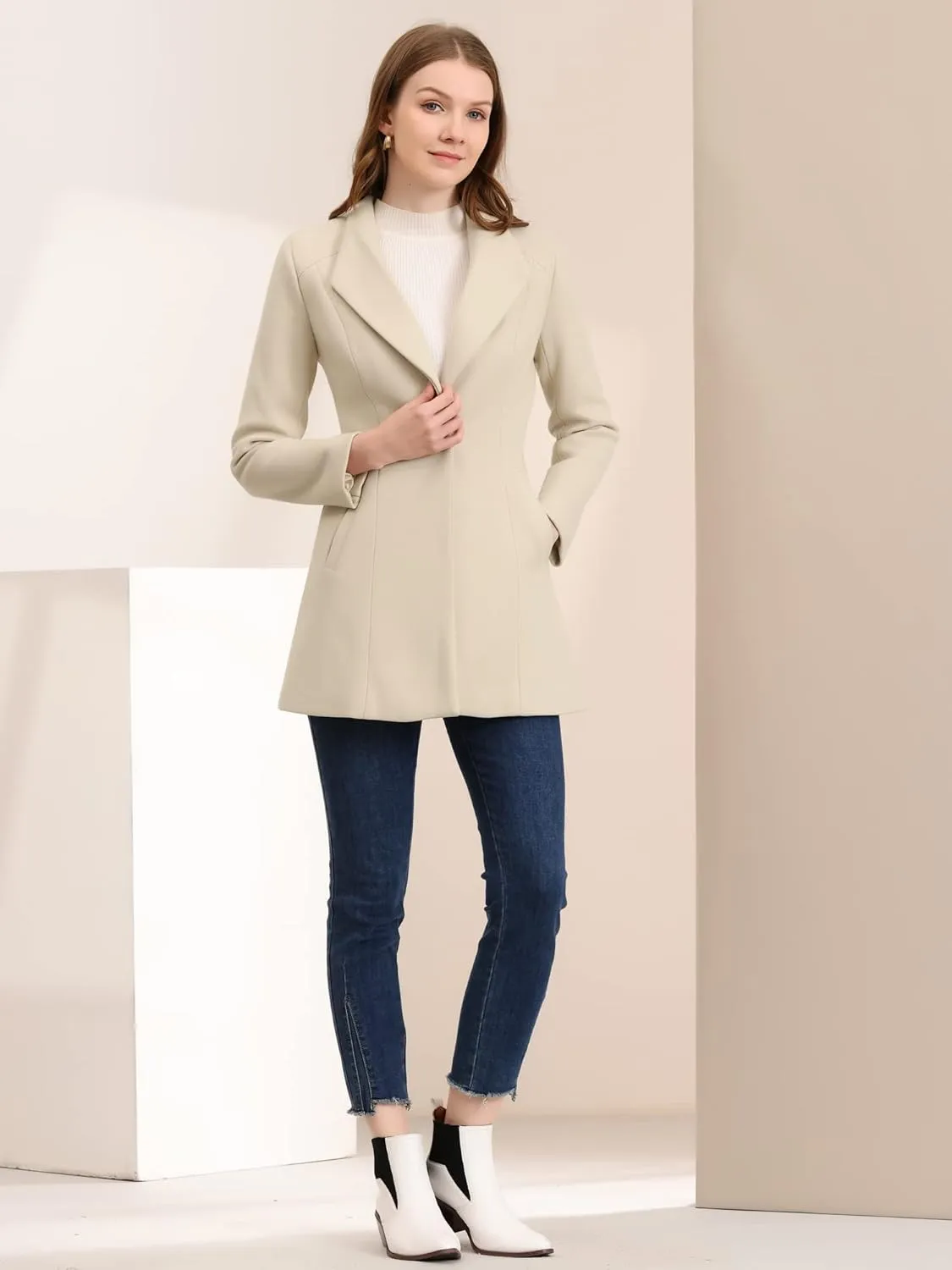 Allegra K Women's Lapel Collar Buttoned Outwear Elegant Work Notch Trench Winter Coats