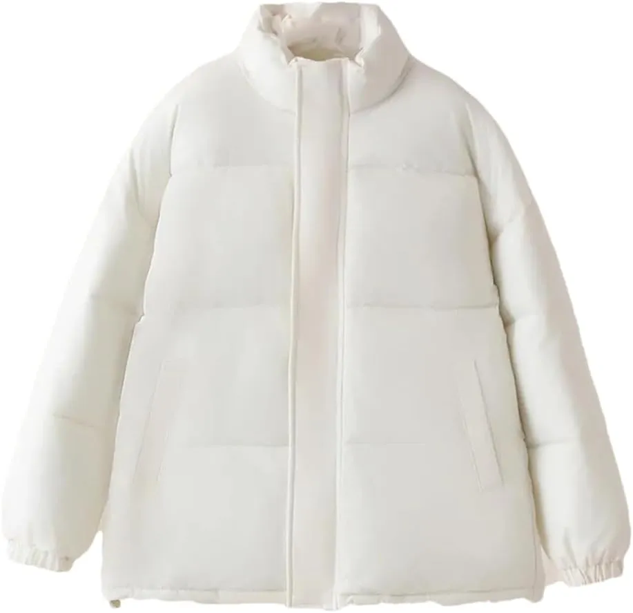 Alloaone Women Parka Winter Loose Thick Simple Version Stand Collar Solid Color Cotton-Padded Coat