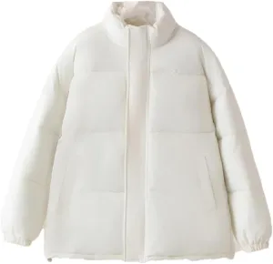 Alloaone Women Parka Winter Loose Thick Simple Version Stand Collar Solid Color Cotton-Padded Coat