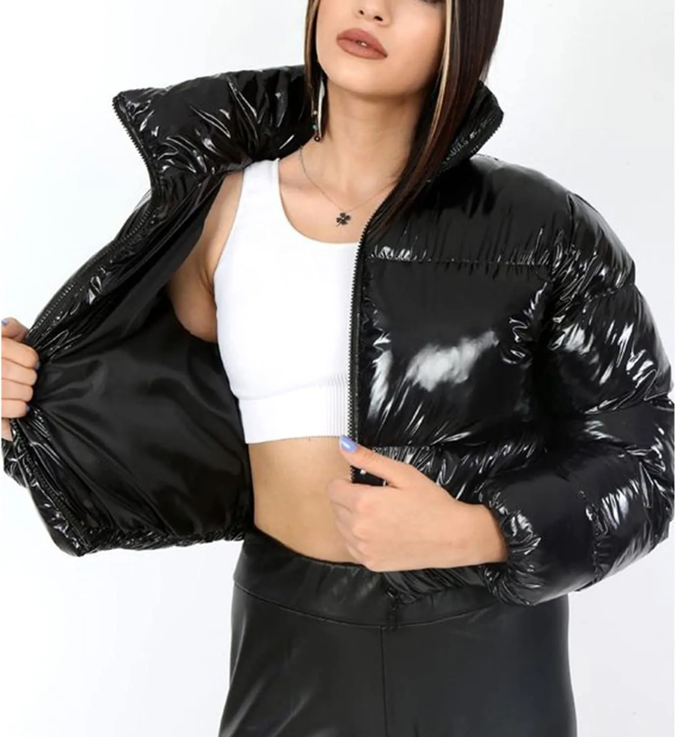 AMEBELLE Women Winter Warm Stand Collar Slim Fit Cropped Puffer Down Jacket Coats
