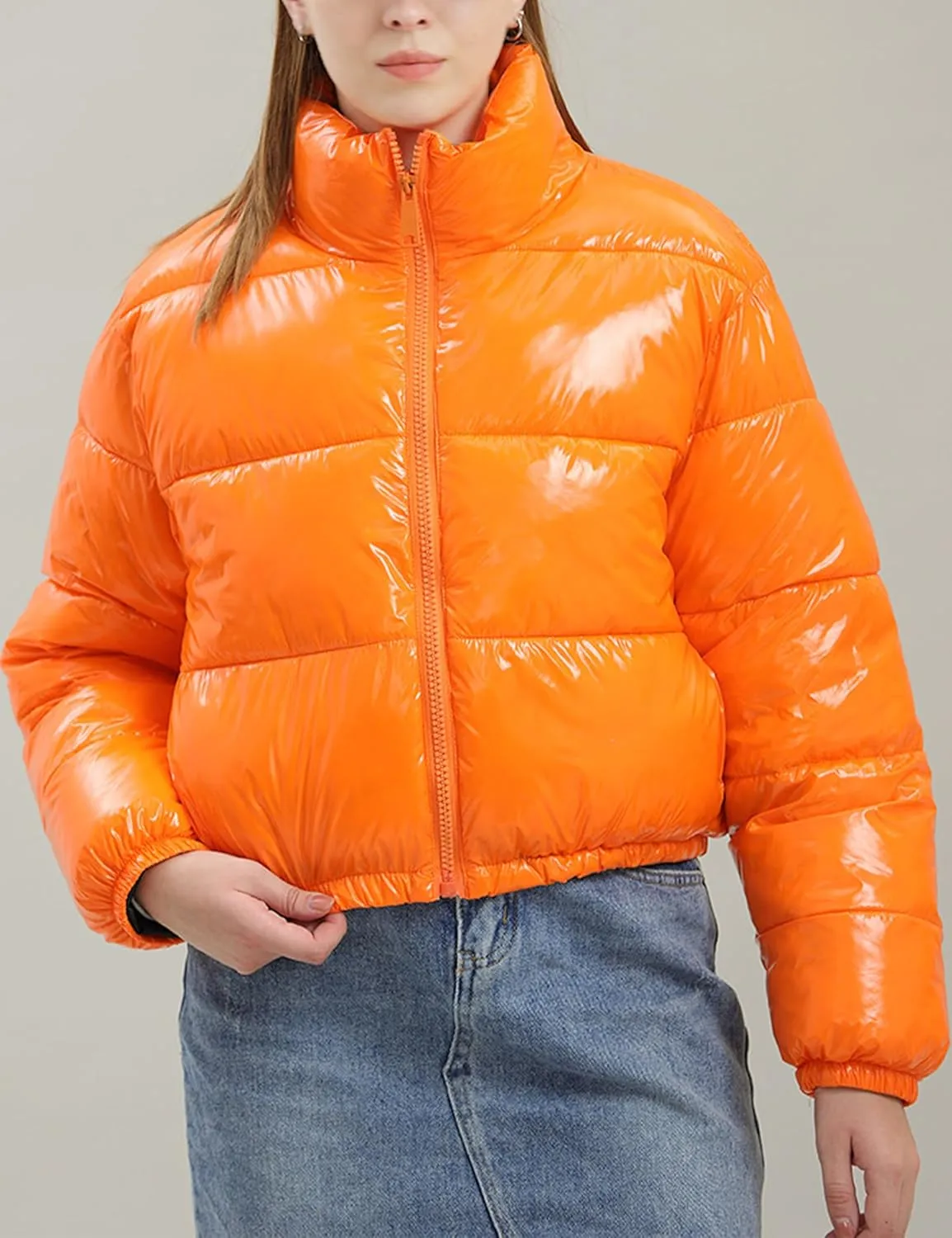 AMEBELLE Women Winter Warm Stand Collar Slim Fit Cropped Puffer Down Jacket Coats