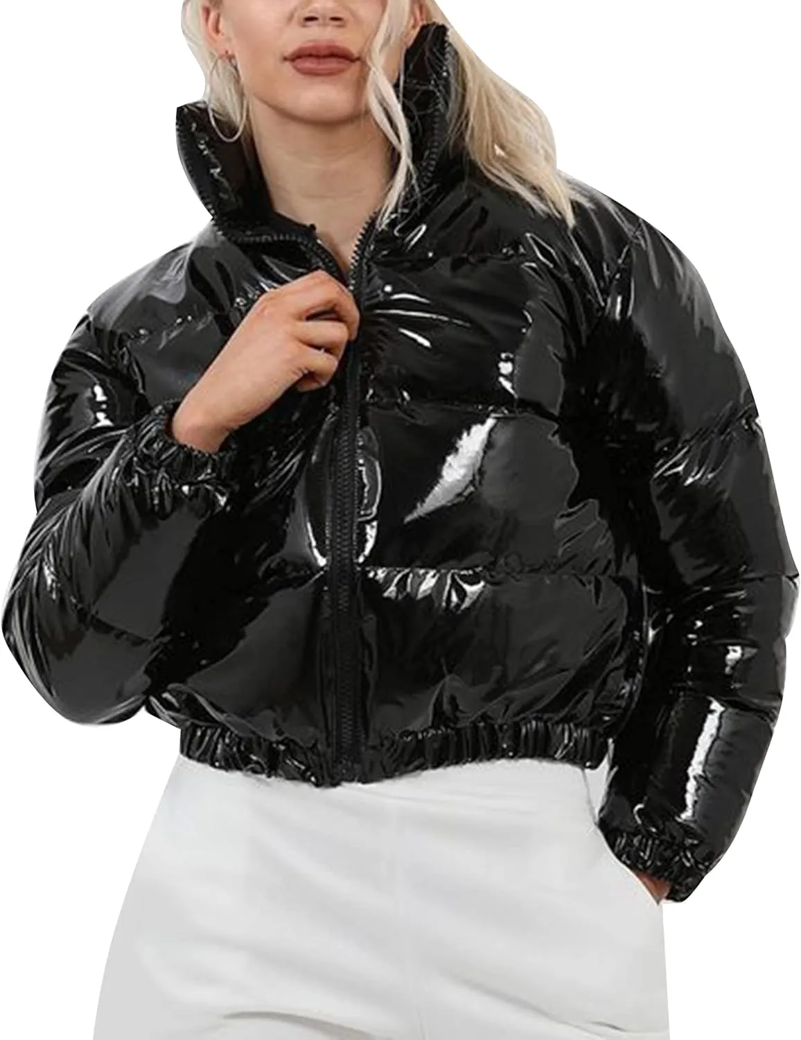 AMEBELLE Women Winter Warm Stand Collar Slim Fit Cropped Puffer Down Jacket Coats