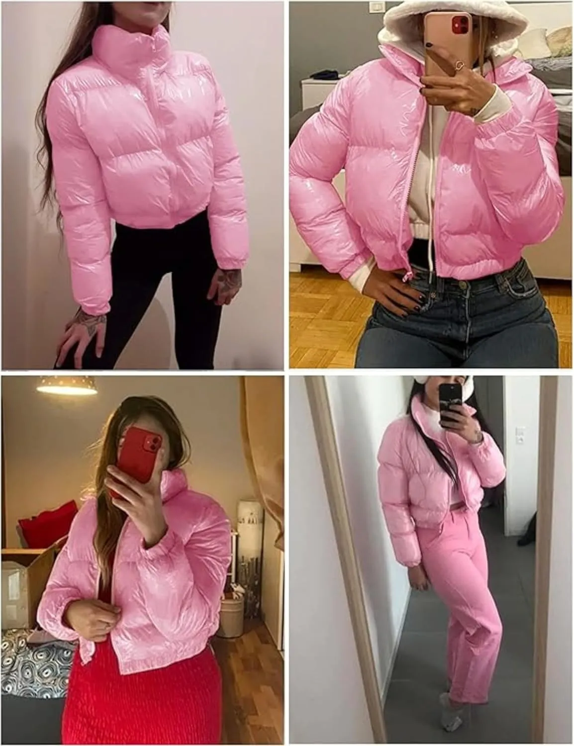 AMEBELLE Women Winter Warm Stand Collar Slim Fit Cropped Puffer Down Jacket Coats