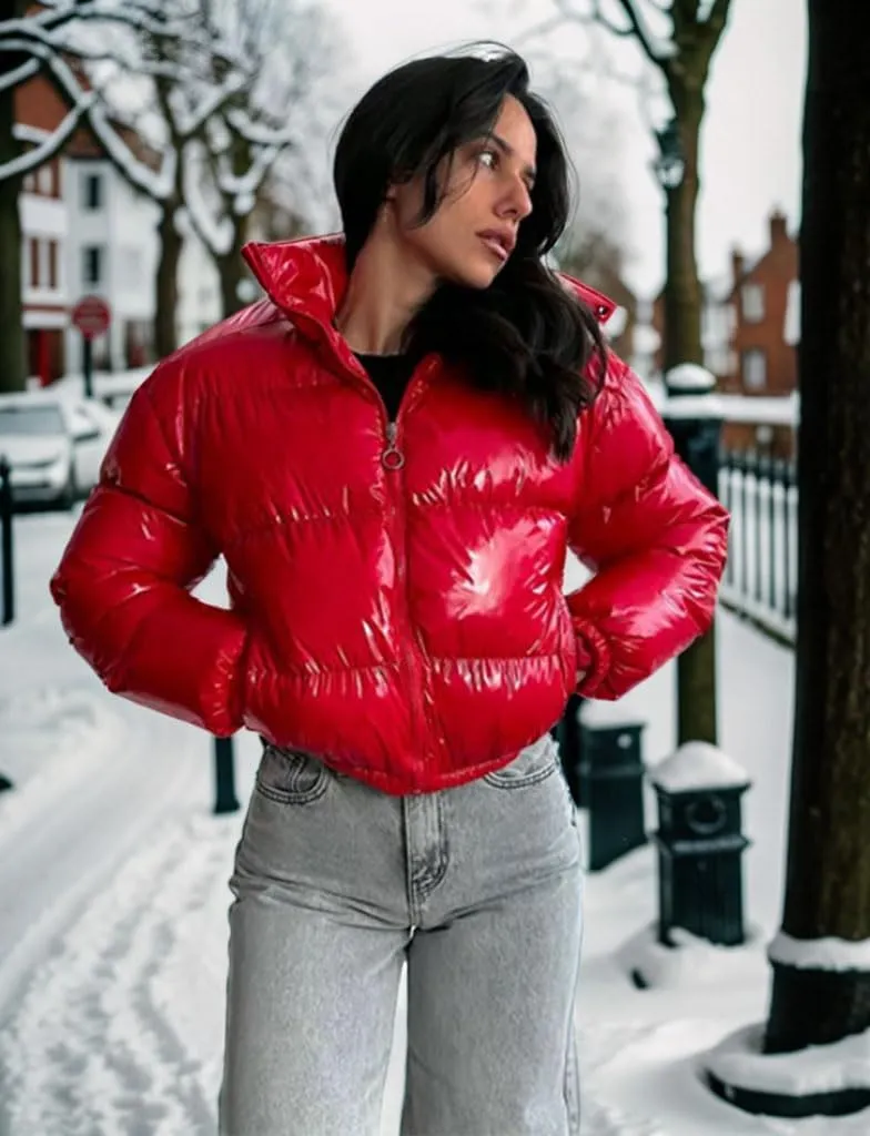 AMEBELLE Women Winter Warm Stand Collar Slim Fit Cropped Puffer Down Jacket Coats