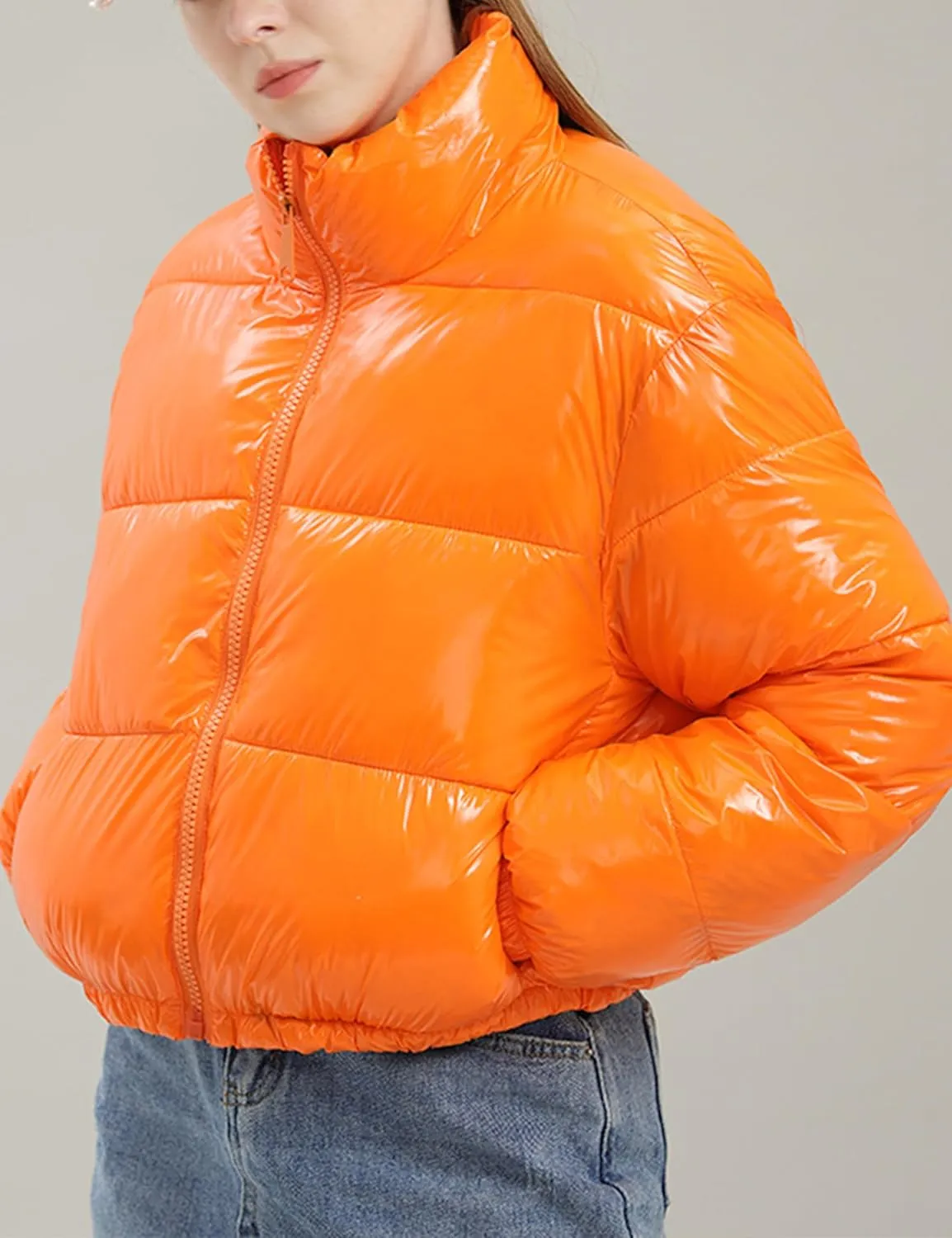 AMEBELLE Women Winter Warm Stand Collar Slim Fit Cropped Puffer Down Jacket Coats