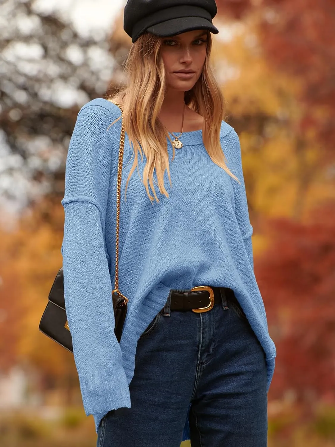 ANRABESS Women's Oversized Casual Loose Slouchy Scoop V Neck Batwing Long Sleeve Knit 2025 Fall Pullover Sweaters