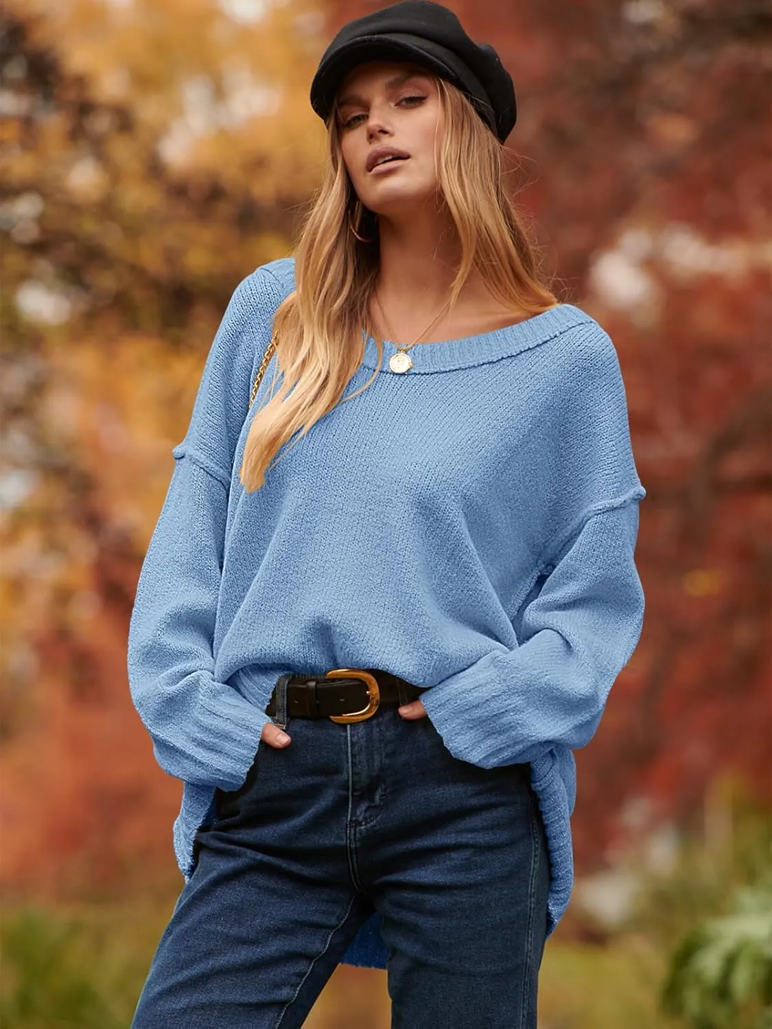 ANRABESS Women's Oversized Casual Loose Slouchy Scoop V Neck Batwing Long Sleeve Knit 2025 Fall Pullover Sweaters
