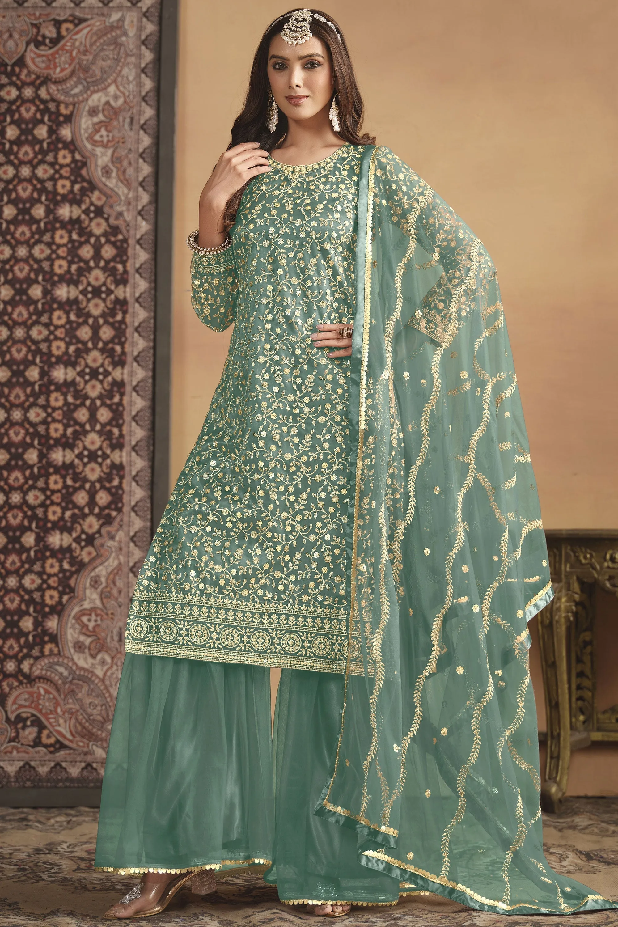 Appealing Festival Wear Net Fabric Palazzo Suit In Sea Green Color