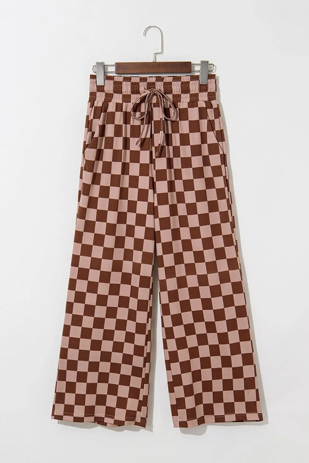 Apvirdy Loose Checkered Pants Women Casual Elastic High Waist Drawstring Straight Leg Plaid Pants with Pockets