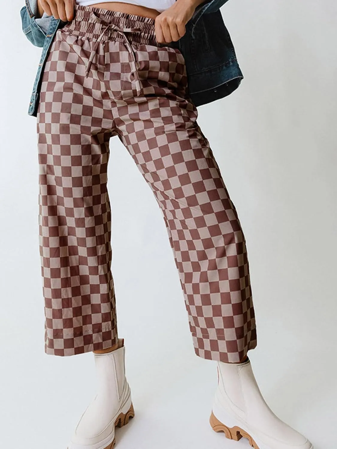 Apvirdy Loose Checkered Pants Women Casual Elastic High Waist Drawstring Straight Leg Plaid Pants with Pockets