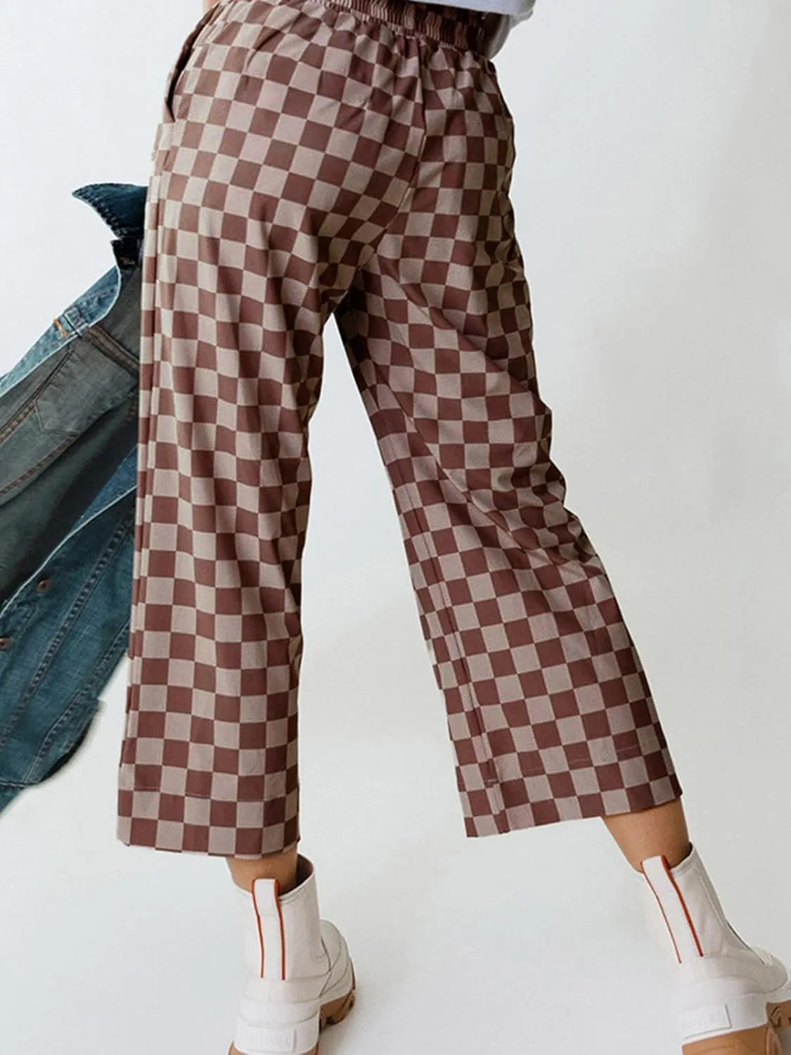 Apvirdy Loose Checkered Pants Women Casual Elastic High Waist Drawstring Straight Leg Plaid Pants with Pockets