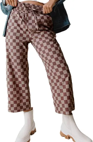 Apvirdy Loose Checkered Pants Women Casual Elastic High Waist Drawstring Straight Leg Plaid Pants with Pockets