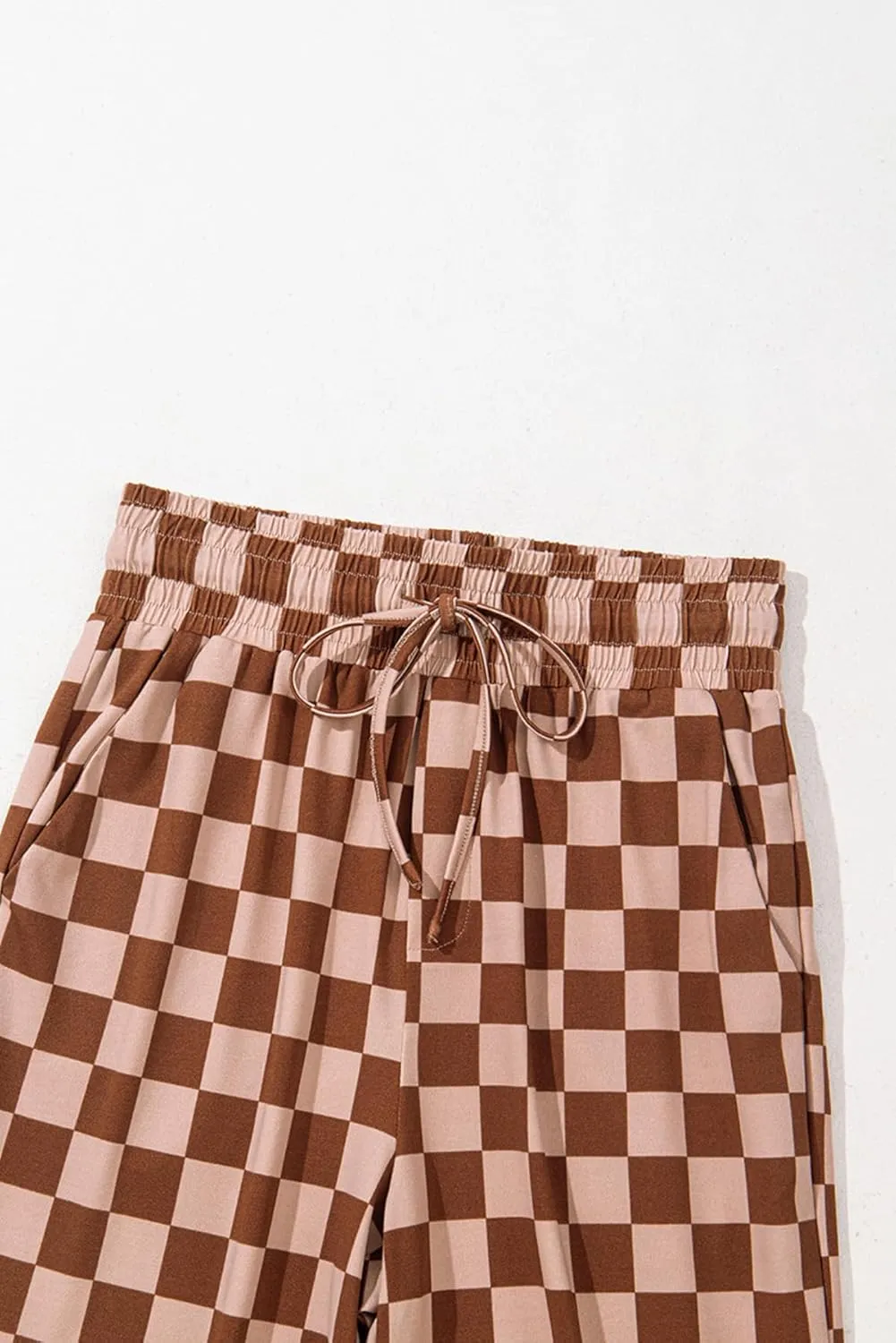 Apvirdy Loose Checkered Pants Women Casual Elastic High Waist Drawstring Straight Leg Plaid Pants with Pockets