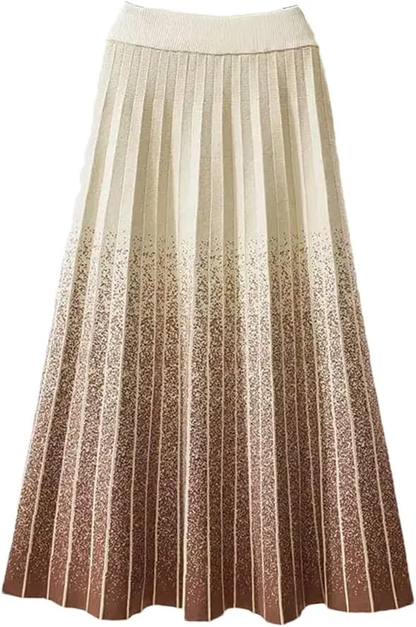 Autumn Winter Gradient Knitted Midi Pleated Skirt Women Elastic High Waist A-Line Skirt
