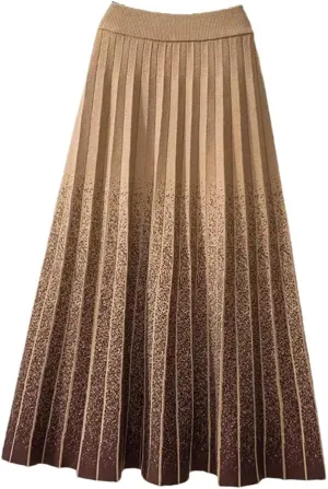 Autumn Winter Gradient Knitted Midi Pleated Skirt Women Elastic High Waist A-Line Skirt