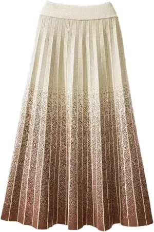 Autumn Winter Gradient Knitted Midi Pleated Skirt Women Elastic High Waist A-Line Skirt