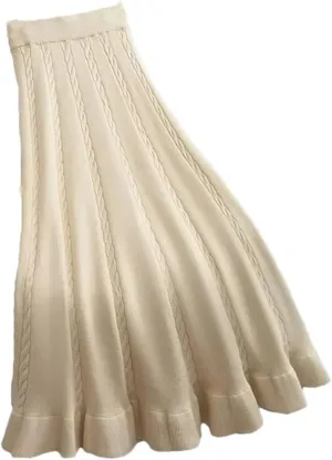Autumn Winter Pleated Long Skirts for Women Elastic A-Line High Waist Knitted Skirt Midi Skirt