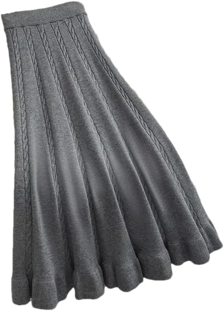 Autumn Winter Pleated Long Skirts for Women Vintage Elastic A-Line High Waist Knitted Skirt Elegant Simple Midi Skirt