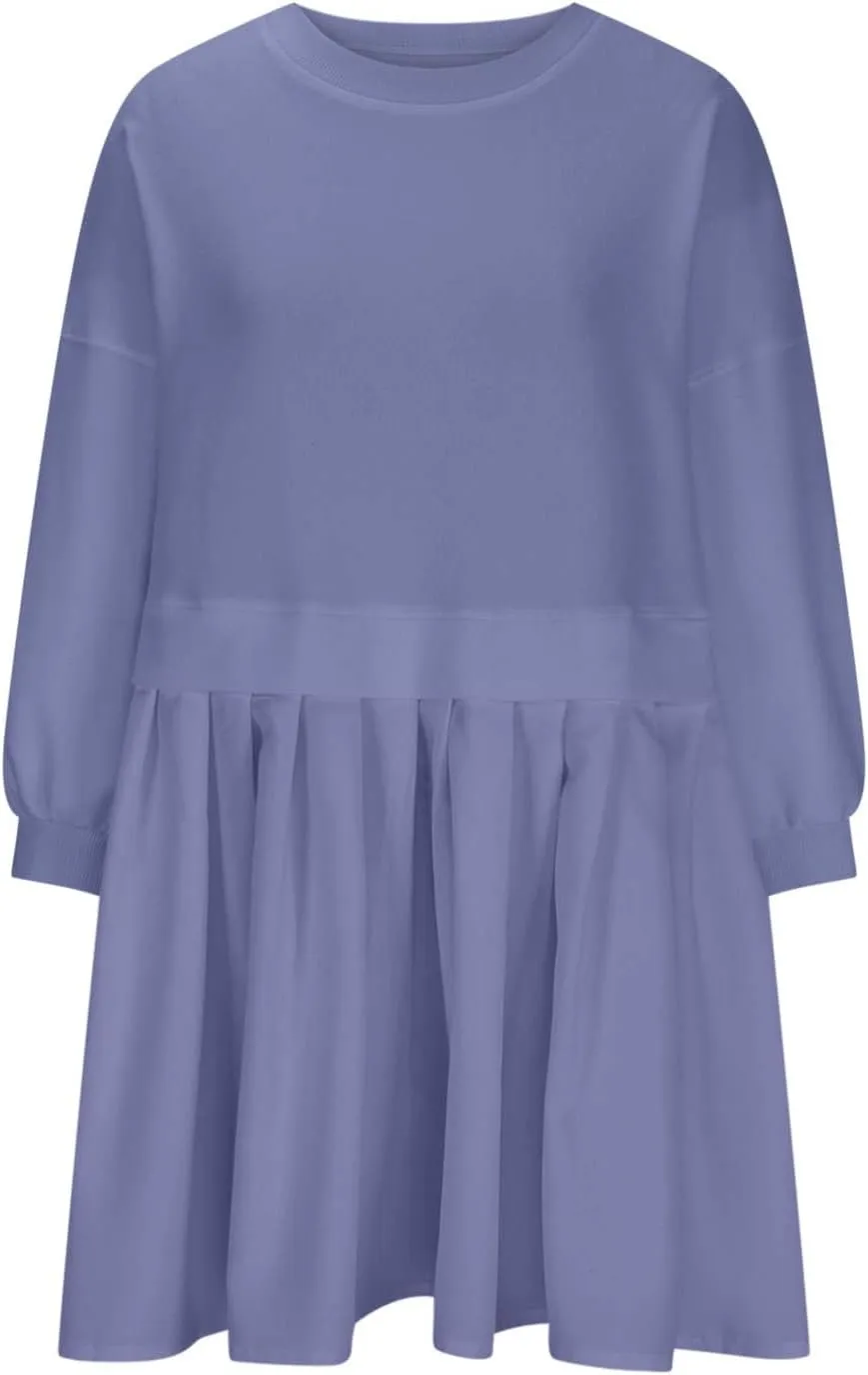 Babydoll Dresses Fall 2024 Long Sleeve Pleated A Line Swing Patchwork Lightweight Dress Crewneck Casual Mini Dresses