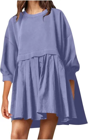 Babydoll Dresses Fall 2024 Long Sleeve Pleated A Line Swing Patchwork Lightweight Dress Crewneck Casual Mini Dresses