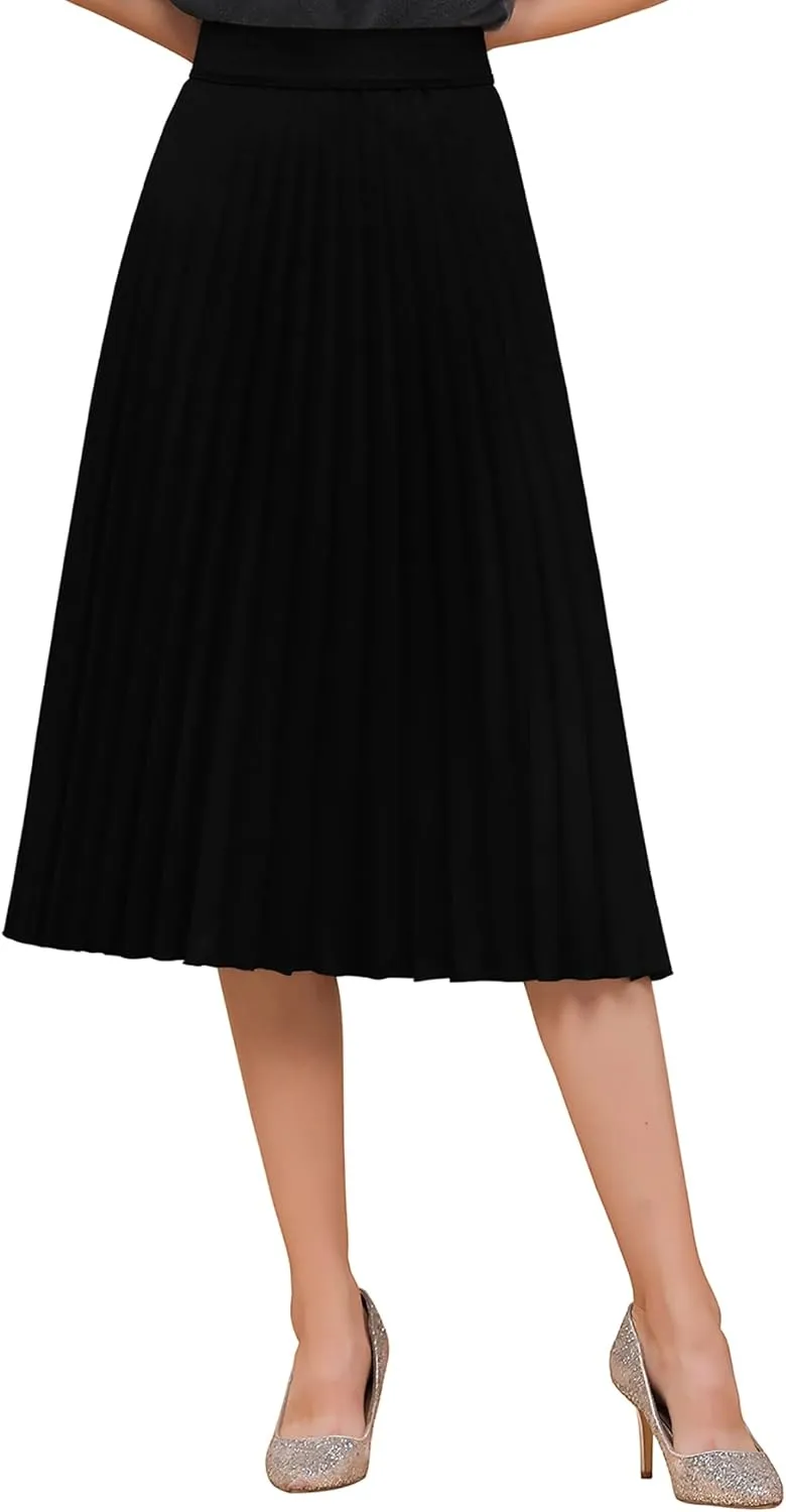 BABYONLINE D.R.E.S.S. Women's Elastic Pleated Casual Chiffon Skirt High Waist A-line Swing Midi Skirt