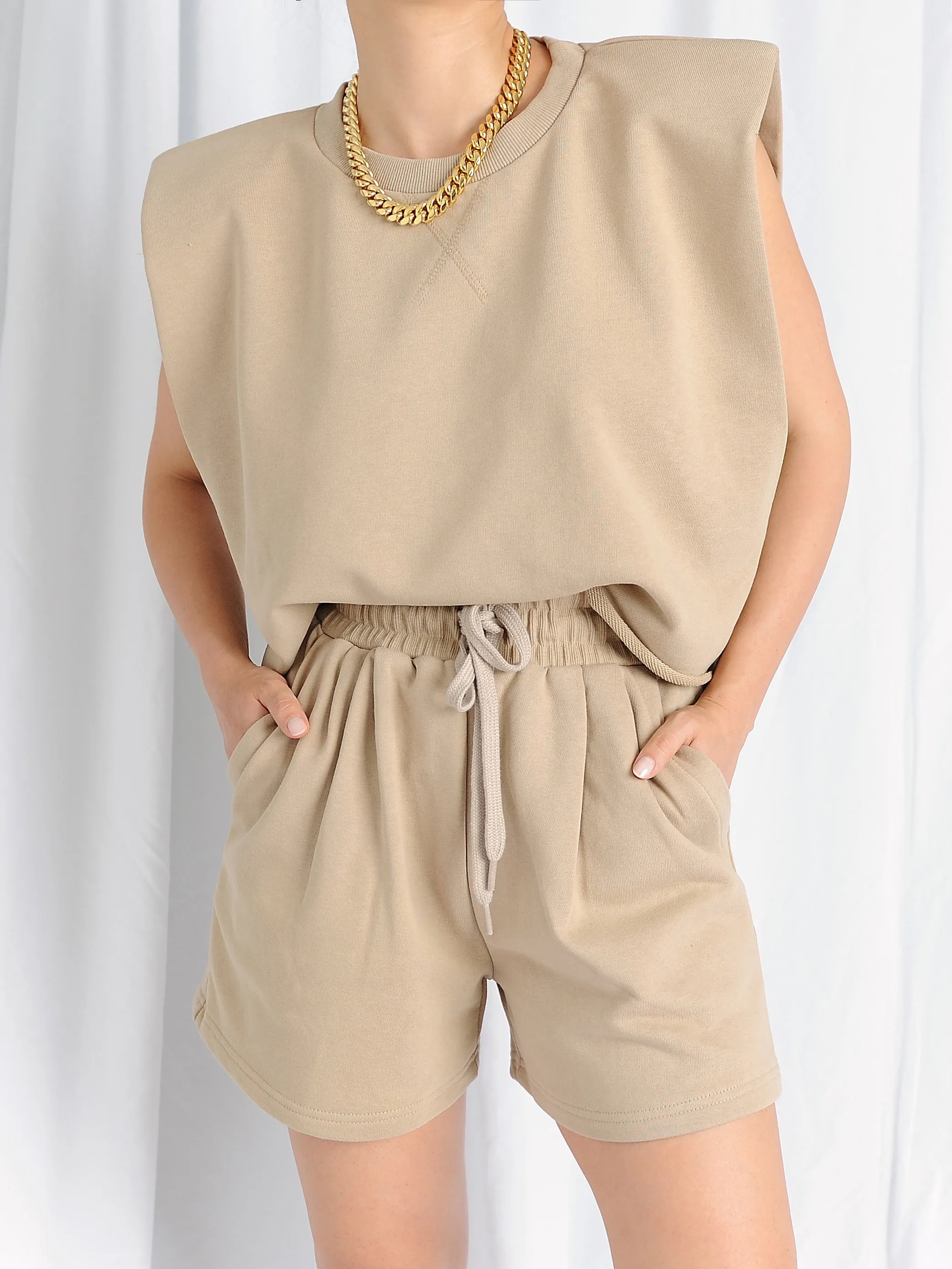 Beige Elastic Shorts