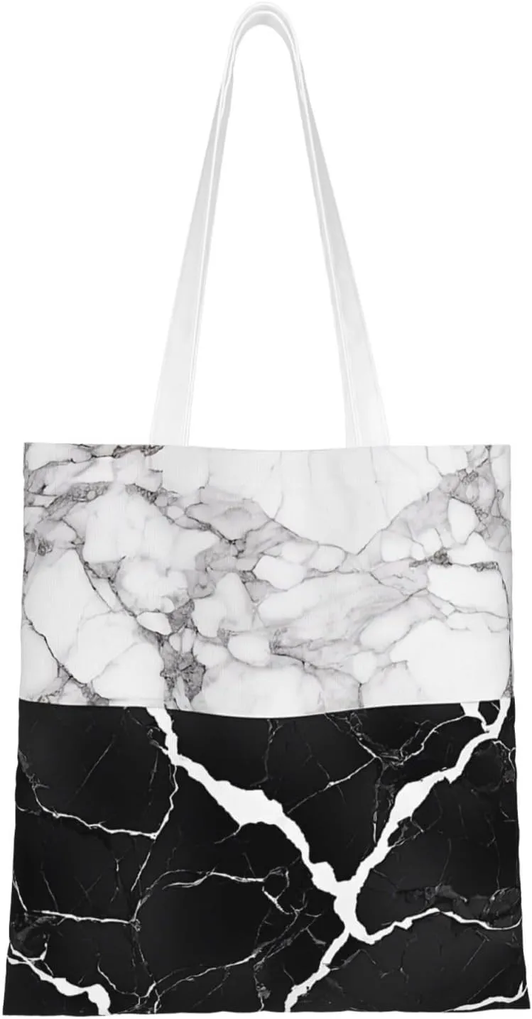 (Black White Marble) Reusable Canvas Tote Bag For Women Lightweight Handbag Shopping Bag Stylish Shoulder Bag