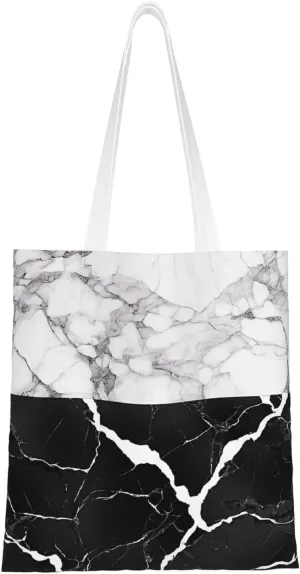 (Black White Marble) Reusable Canvas Tote Bag For Women Lightweight Handbag Shopping Bag Stylish Shoulder Bag