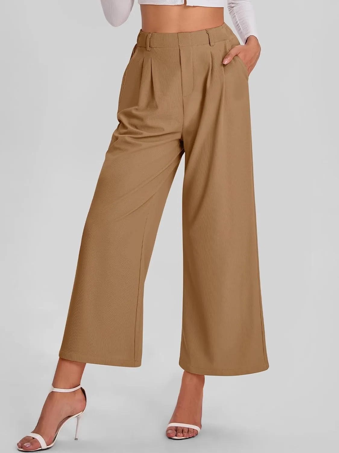 Bloggerlove Womens Casual Business Work Pants Fall Waffle High Waist Dress Pant Wide Leg Straight Trousers with Pockets 2024