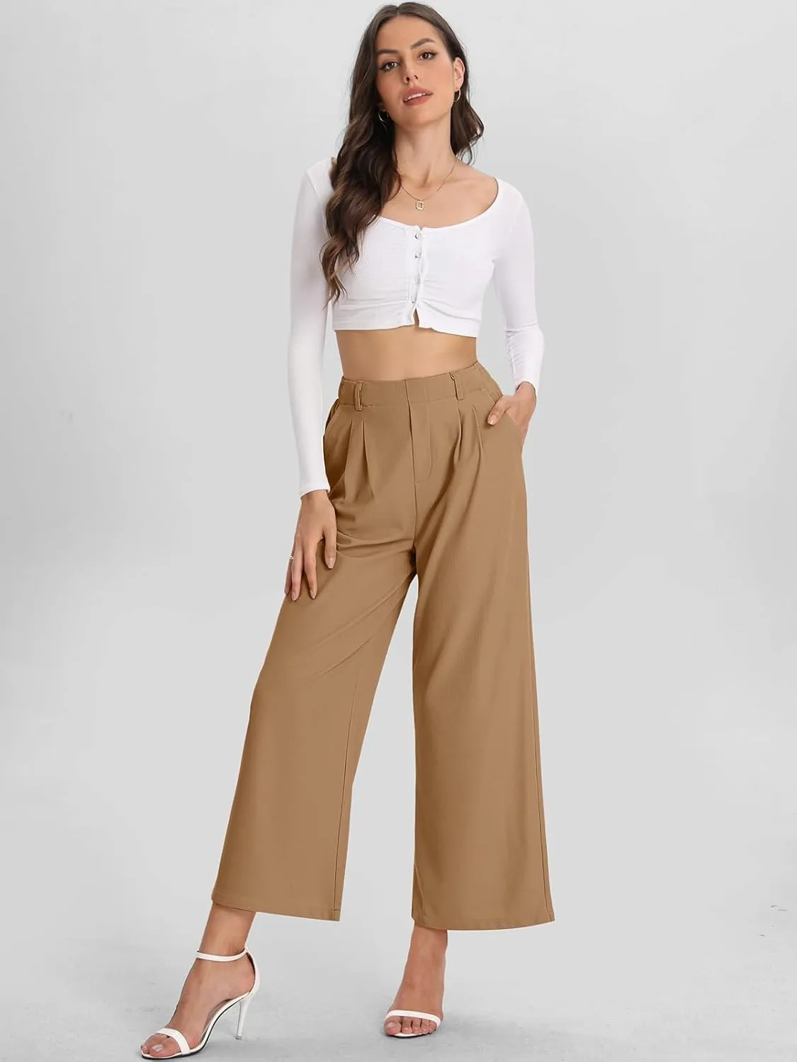 Bloggerlove Womens Casual Business Work Pants Fall Waffle High Waist Dress Pant Wide Leg Straight Trousers with Pockets 2024