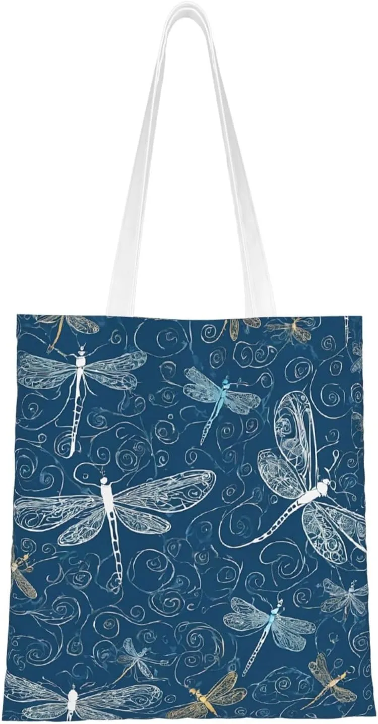 (Blue Dragonfly) Reusable Canvas Tote Bag For Women Lightweight Handbag Shopping Bag Stylish Shoulder Bag