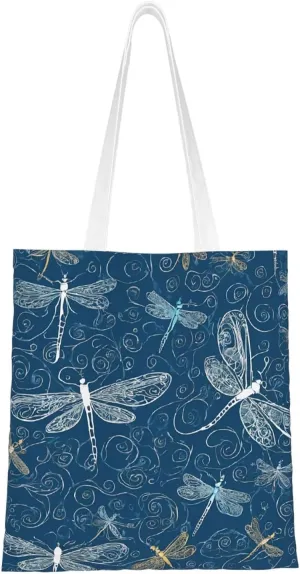 (Blue Dragonfly) Reusable Canvas Tote Bag For Women Lightweight Handbag Shopping Bag Stylish Shoulder Bag