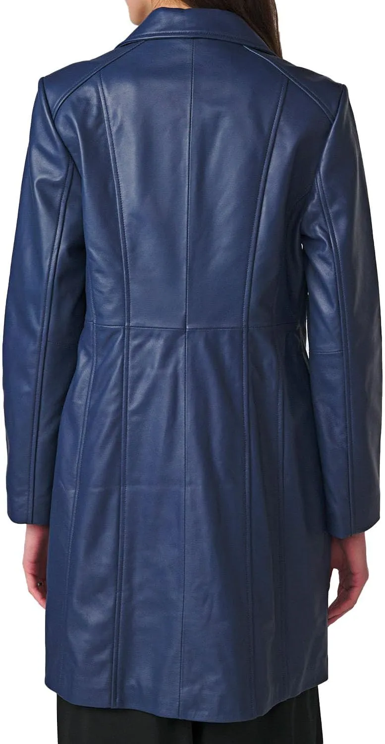 Blue Trench Real Leather Coat for Women, Genuine Leather | Blue Real Long Leather Trench Coat for Women