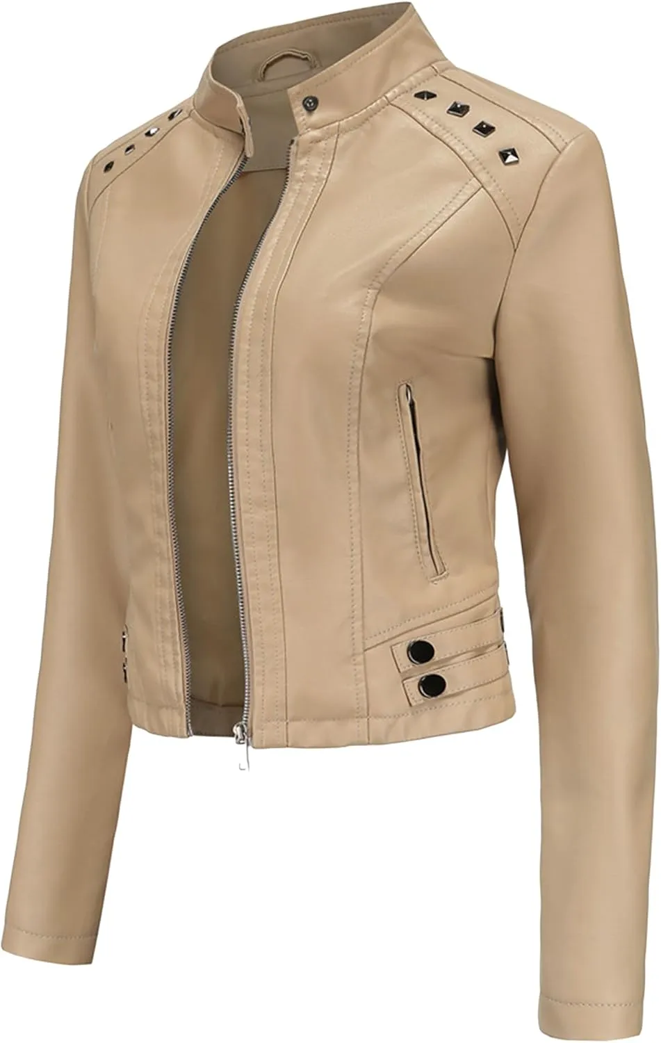 BOFETA Womens Faux Leather Long Sleeve Jackets Quilted Moto Outwear Slim Lapel Coats