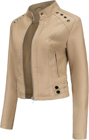 BOFETA Womens Faux Leather Long Sleeve Jackets Quilted Moto Outwear Slim Lapel Coats