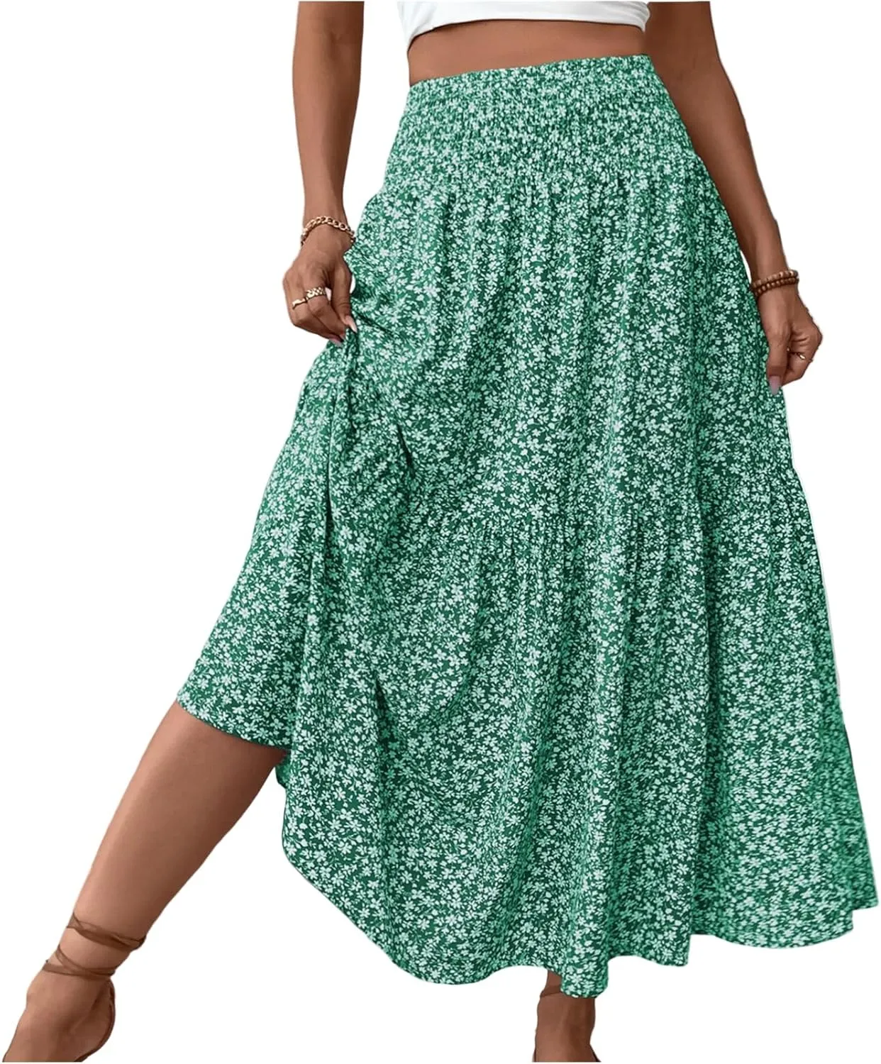 Boho Long Skirts for Women High Elastic Waist Midi Skirt Casual Summer Trendy Tie Ruffle Floral Print A line Skirts