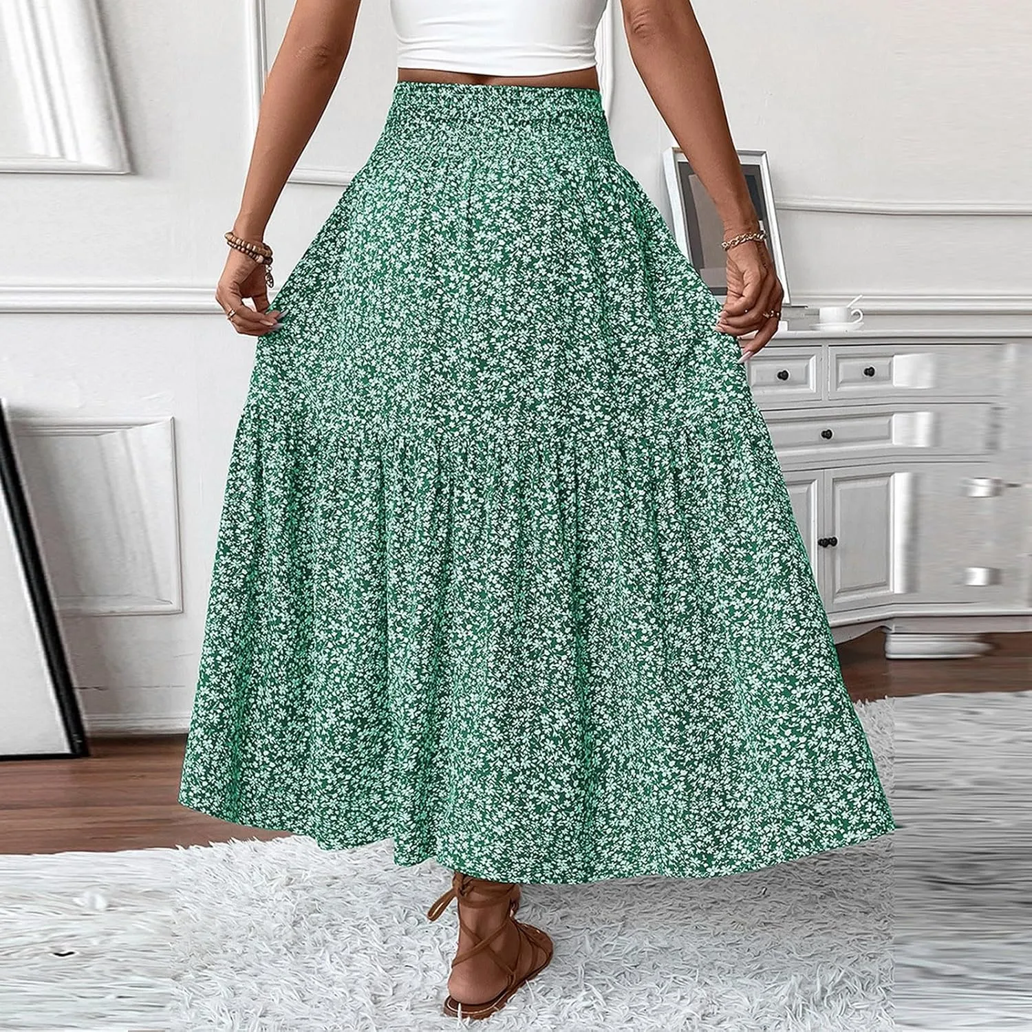 Boho Long Skirts for Women High Elastic Waist Midi Skirt Casual Summer Trendy Tie Ruffle Floral Print A line Skirts