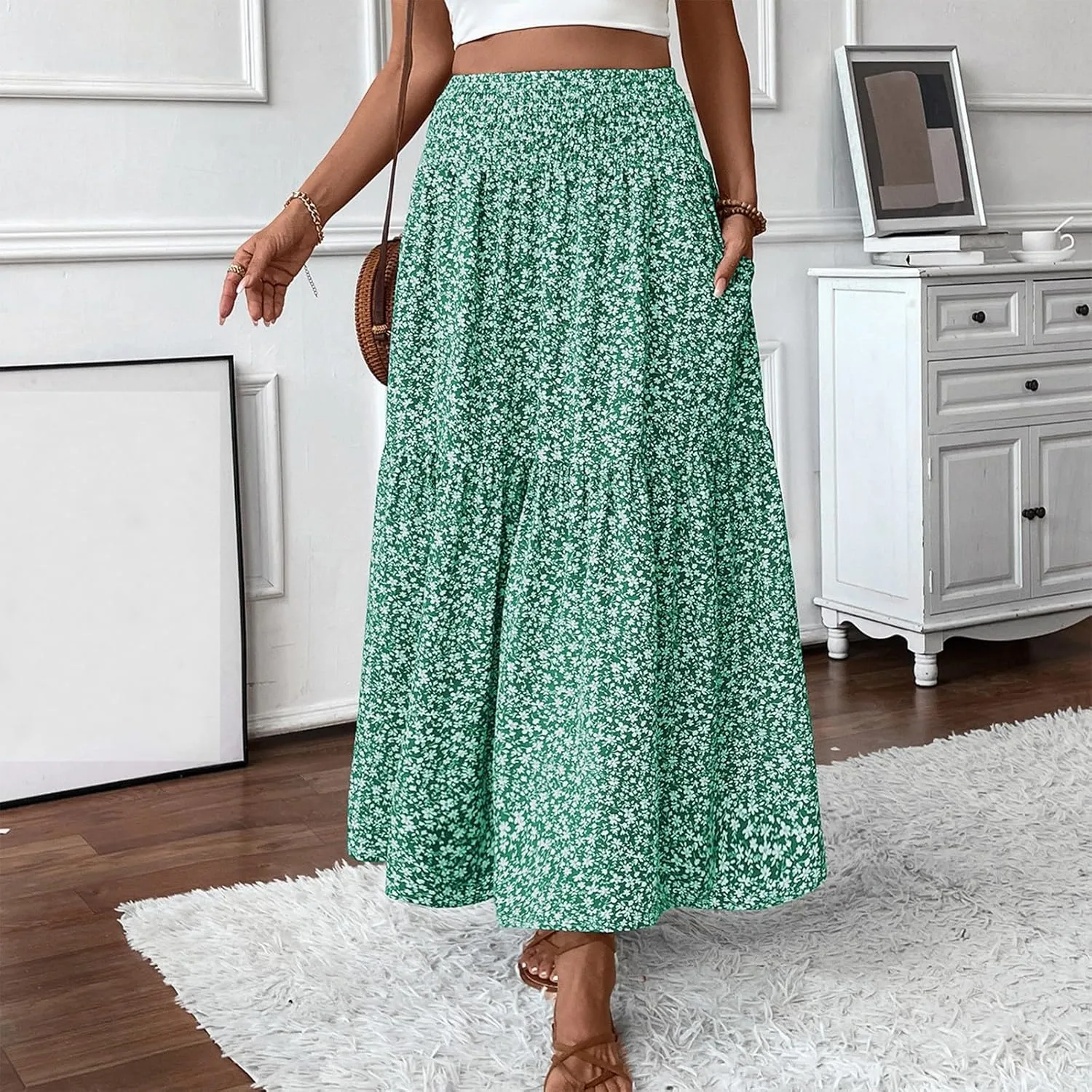 Boho Long Skirts for Women High Elastic Waist Midi Skirt Casual Summer Trendy Tie Ruffle Floral Print A line Skirts