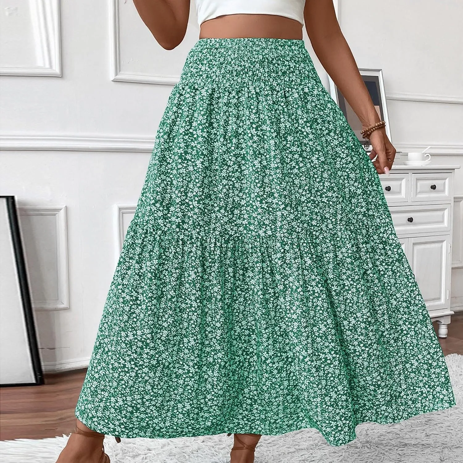 Boho Long Skirts for Women High Elastic Waist Midi Skirt Casual Summer Trendy Tie Ruffle Floral Print A line Skirts