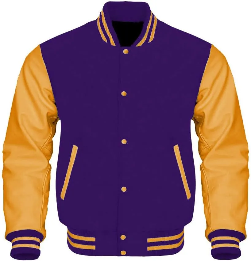 Bomber Jacket Baseball Letterman Varsity Jackets Genuine Leather Sleeves and Wool Color Options