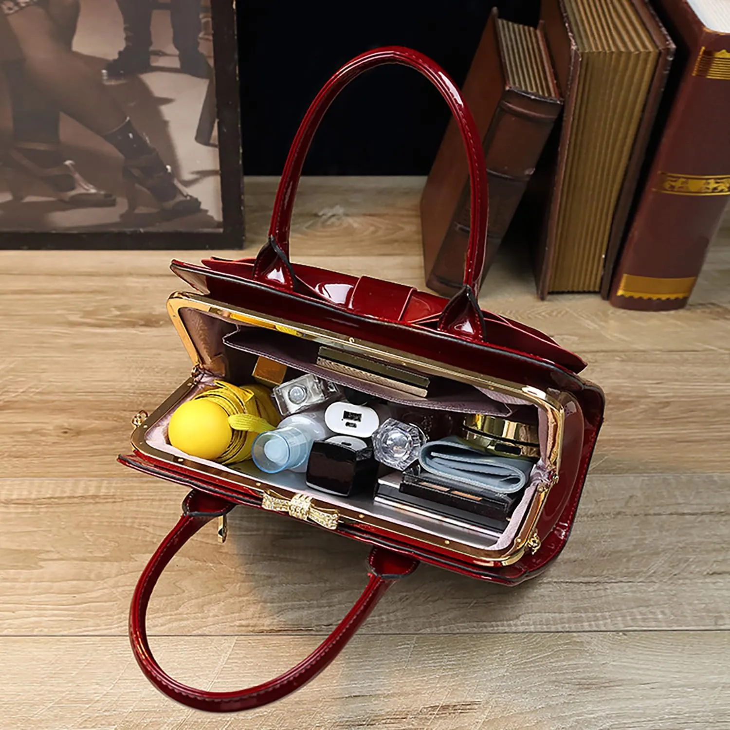 Bow Trim Shiny Women's Handbag Fashion Patent Clip Clasp Design Top Handle Elegant Evening Purse Party Crossbody Bag