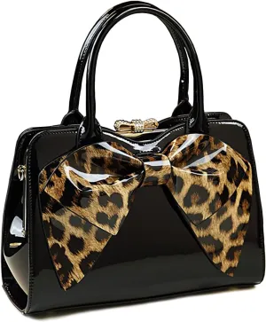 Bow Trim Shiny Women's Handbag Fashion Patent Clip Clasp Design Top Handle Elegant Evening Purse Party Crossbody Bag
