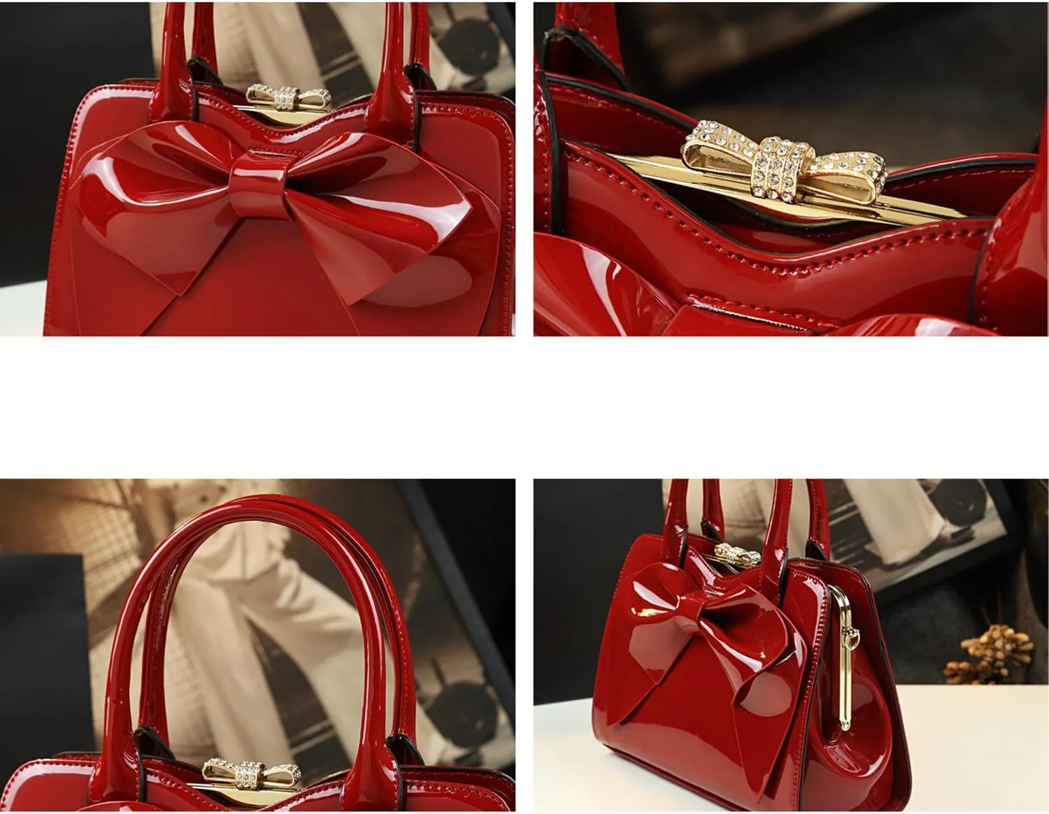 Bow Trim Shiny Women's Handbag Fashion Patent Clip Clasp Design Top Handle Elegant Evening Purse Party Crossbody Bag