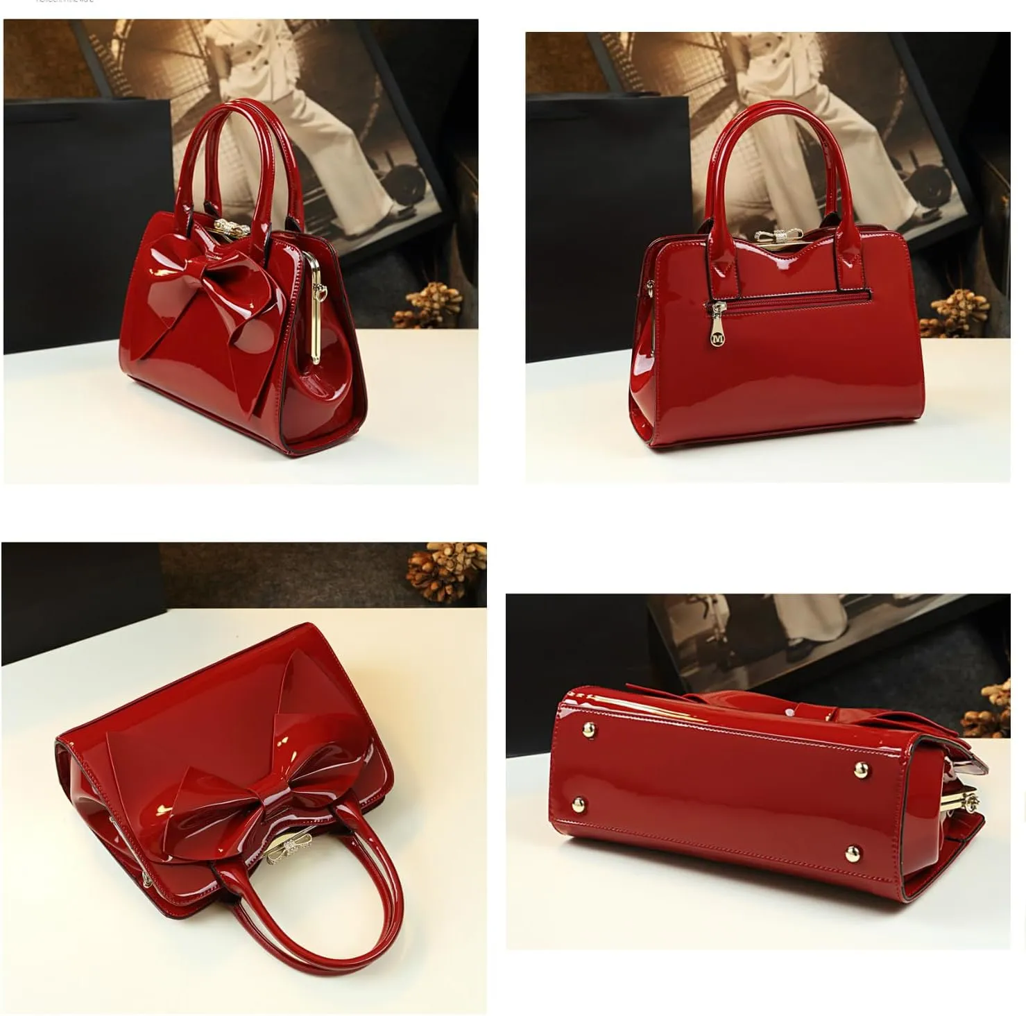 Bow Trim Shiny Women's Handbag Fashion Patent Clip Clasp Design Top Handle Elegant Evening Purse Party Crossbody Bag
