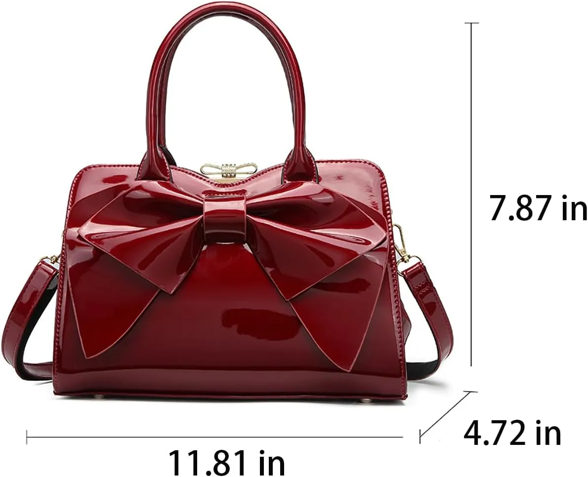 Bow Trim Shiny Women's Handbag Fashion Patent Clip Clasp Design Top Handle Elegant Evening Purse Party Crossbody Bag