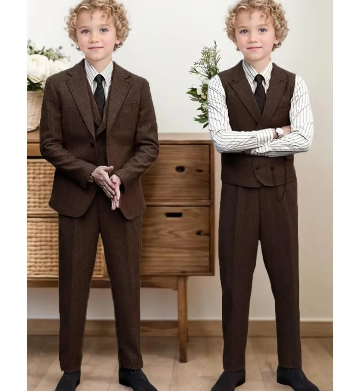 Boys Tweed Suit 3 Piece Tuxedo Suit for Boys Two Button Suits Jackets Vest Pants Set for Kid