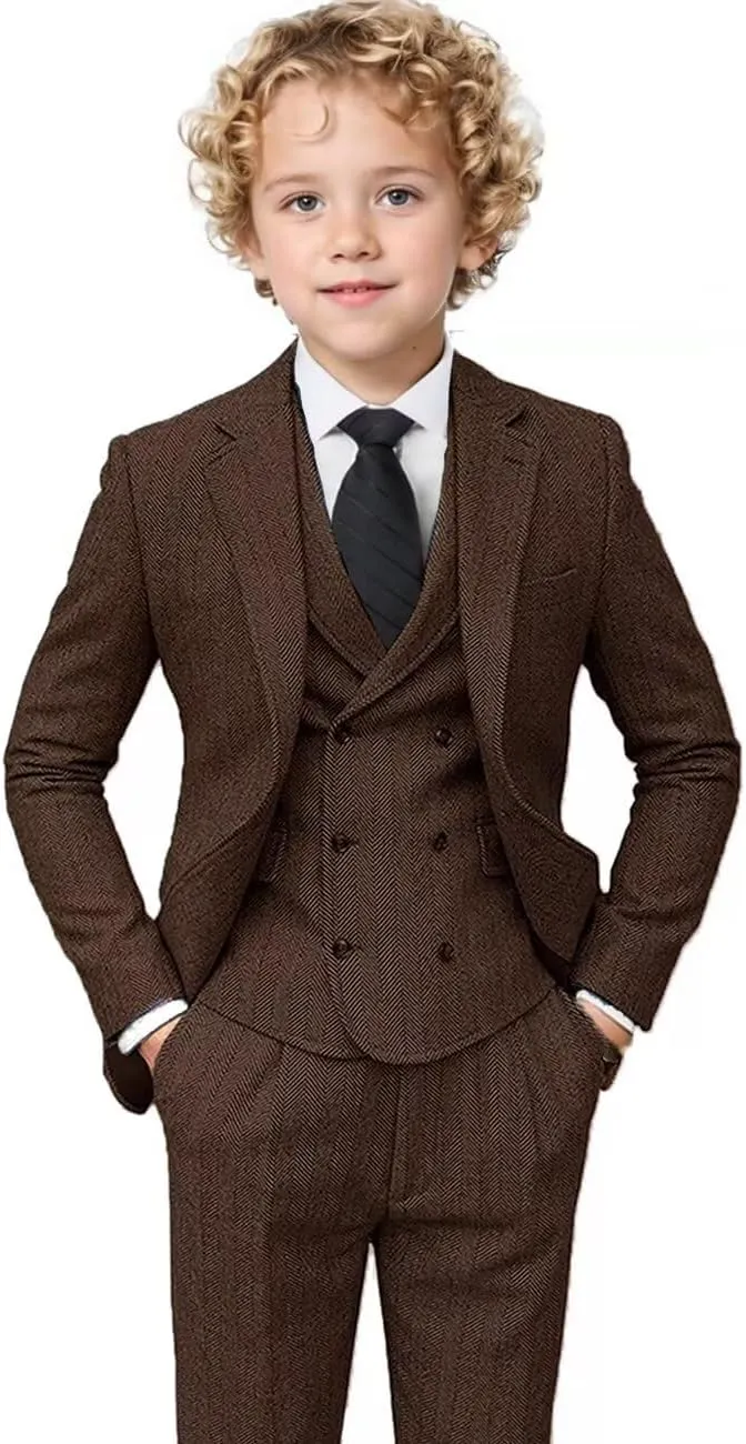 Boys Tweed Suit 3 Piece Tuxedo Suit for Boys Two Button Suits Jackets Vest Pants Set for Kid