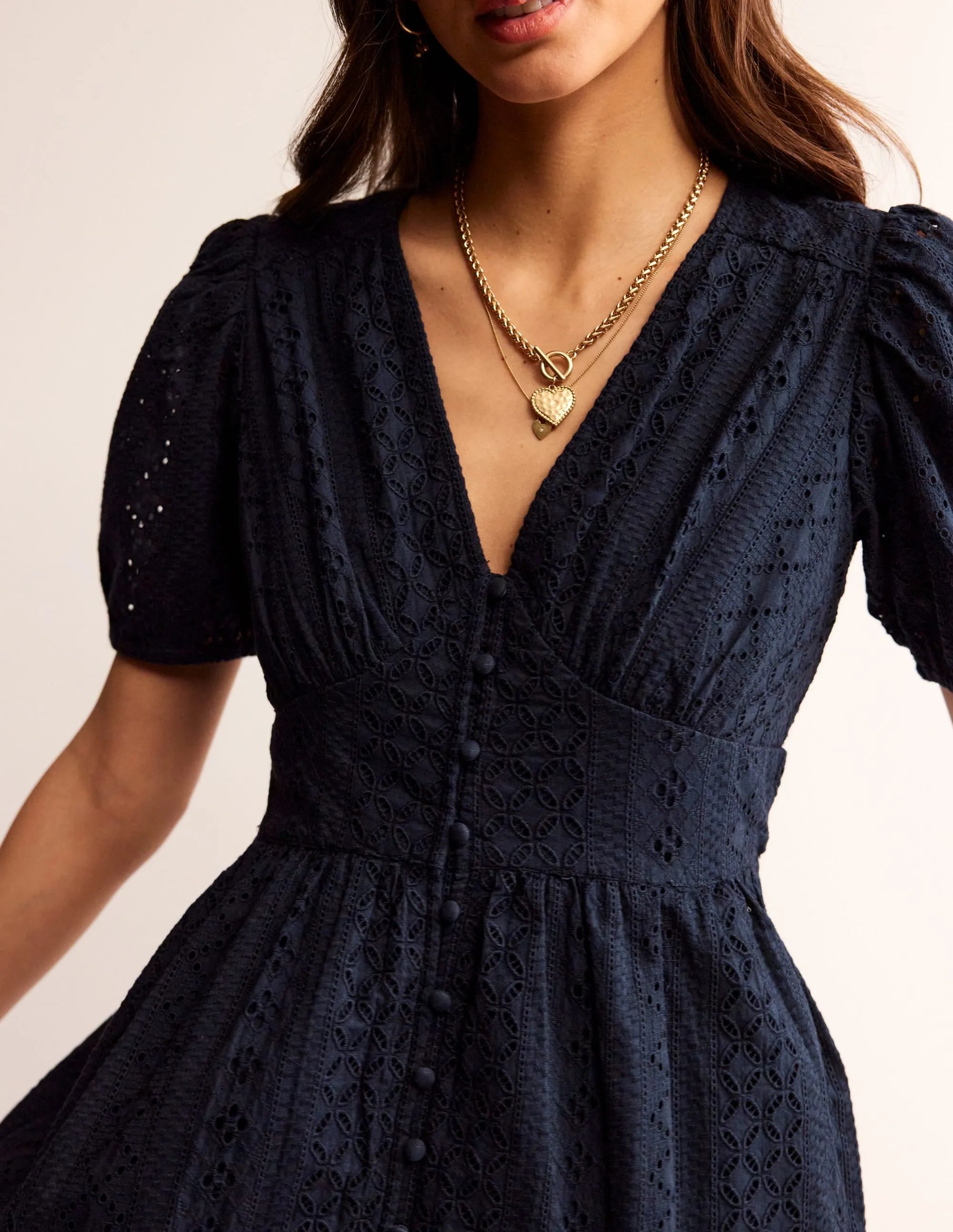 Broderie Midi Tea Dress-Navy